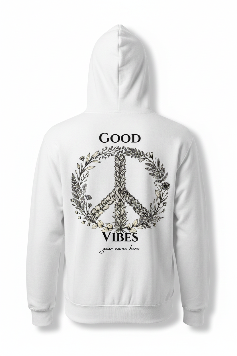 White unisex hoodie back with "GOOD VIBES" wreath print and name line.