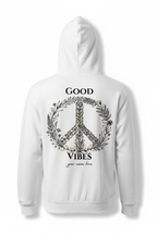 White unisex hoodie back with "GOOD VIBES" wreath print and name line.