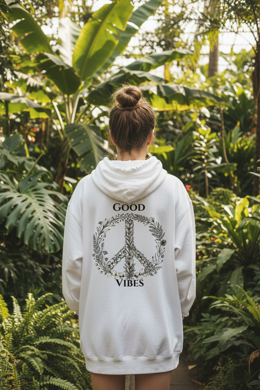 White unisex hoodie with back graphic: floral peace sign and "GOOD VIBES" text