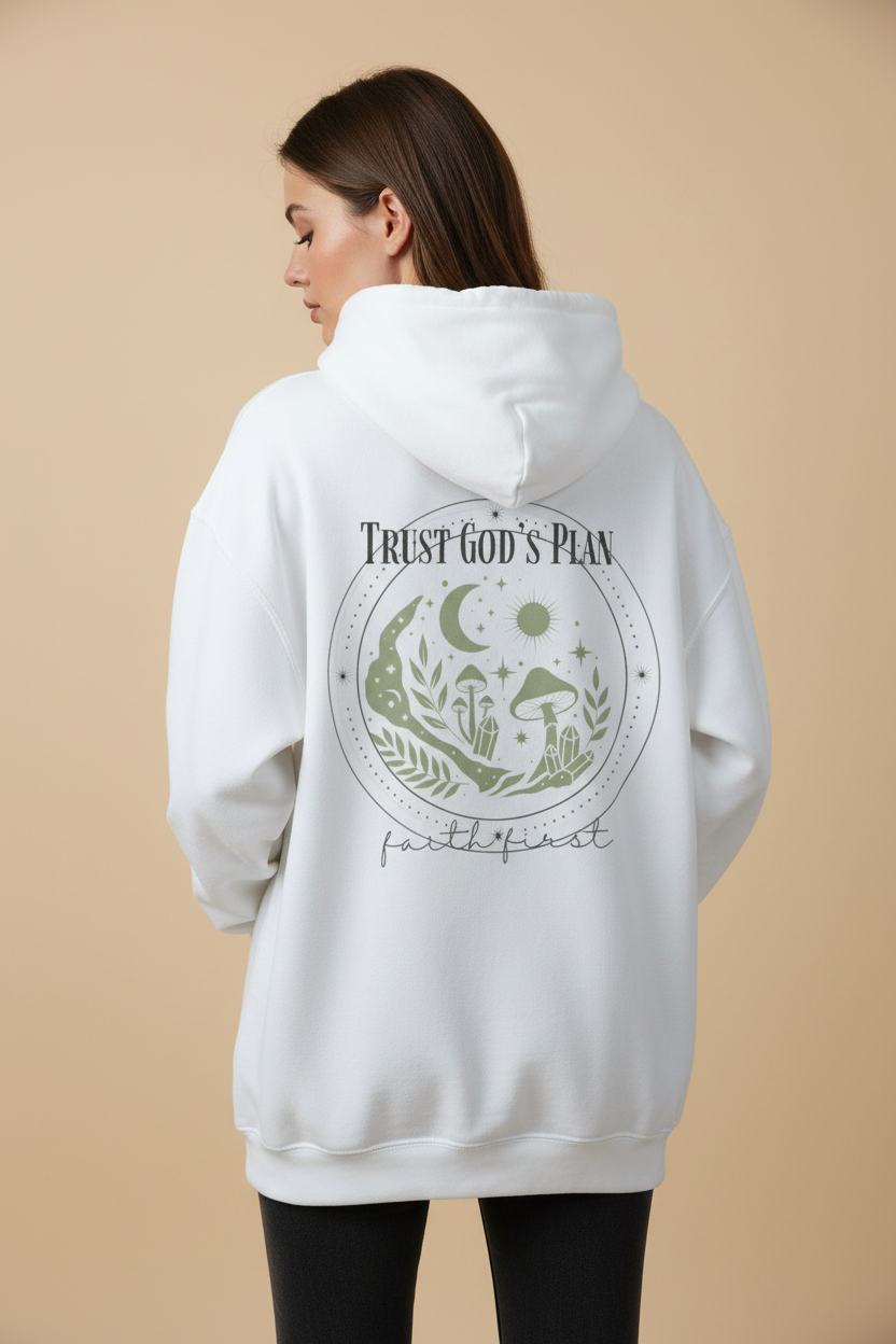 White hoodie with 'Trust God's Plan' wolf emblem and 'faith first' on back, hood up