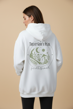 White hoodie with 'Trust God's Plan' wolf emblem and 'faith first' on back, hood up