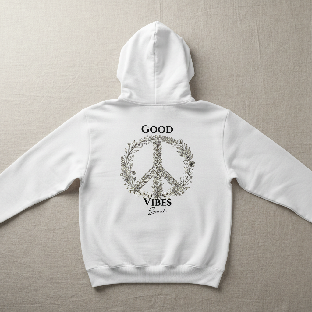 White unisex hoodie with front and hood, back graphic: floral peace sign and "GOOD VIBES"