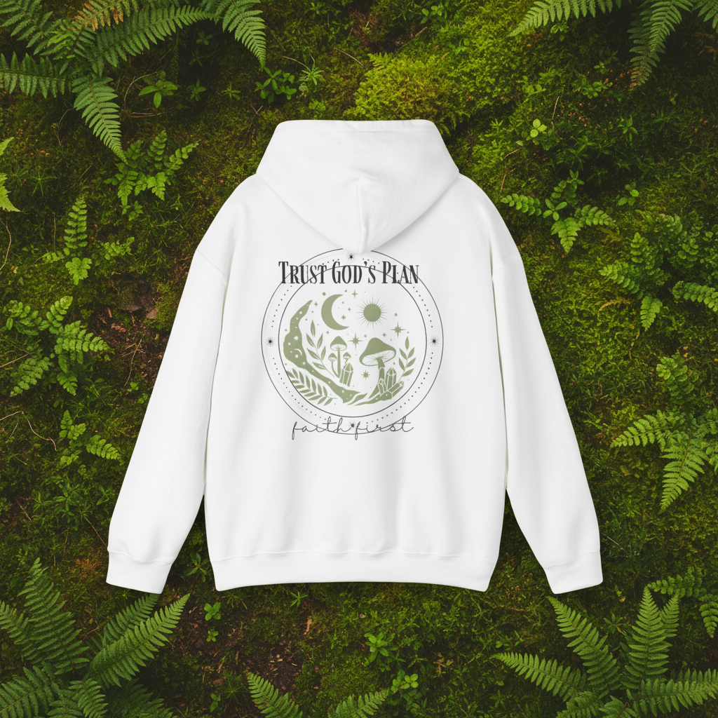 White pullover hoodie with back moon, leaf and “Trust God’s Plan” emblem