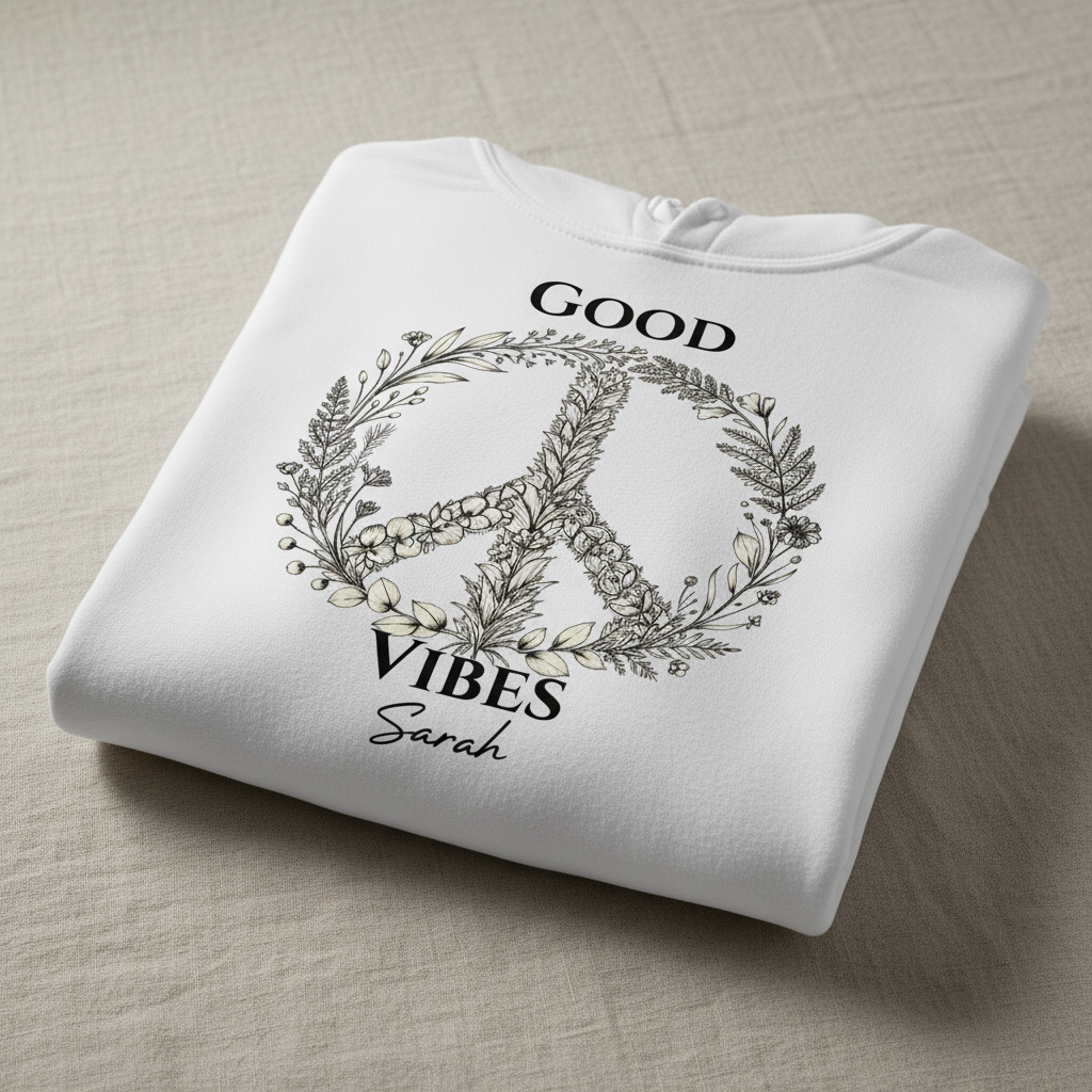 White folded unisex hoodie with front graphic: floral peace sign and "GOOD VIBES"