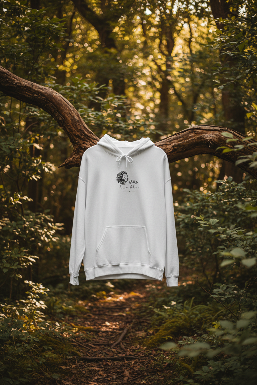 White lion graphic hoodie with drawstring hood and front pocket, “stay humble” logo print