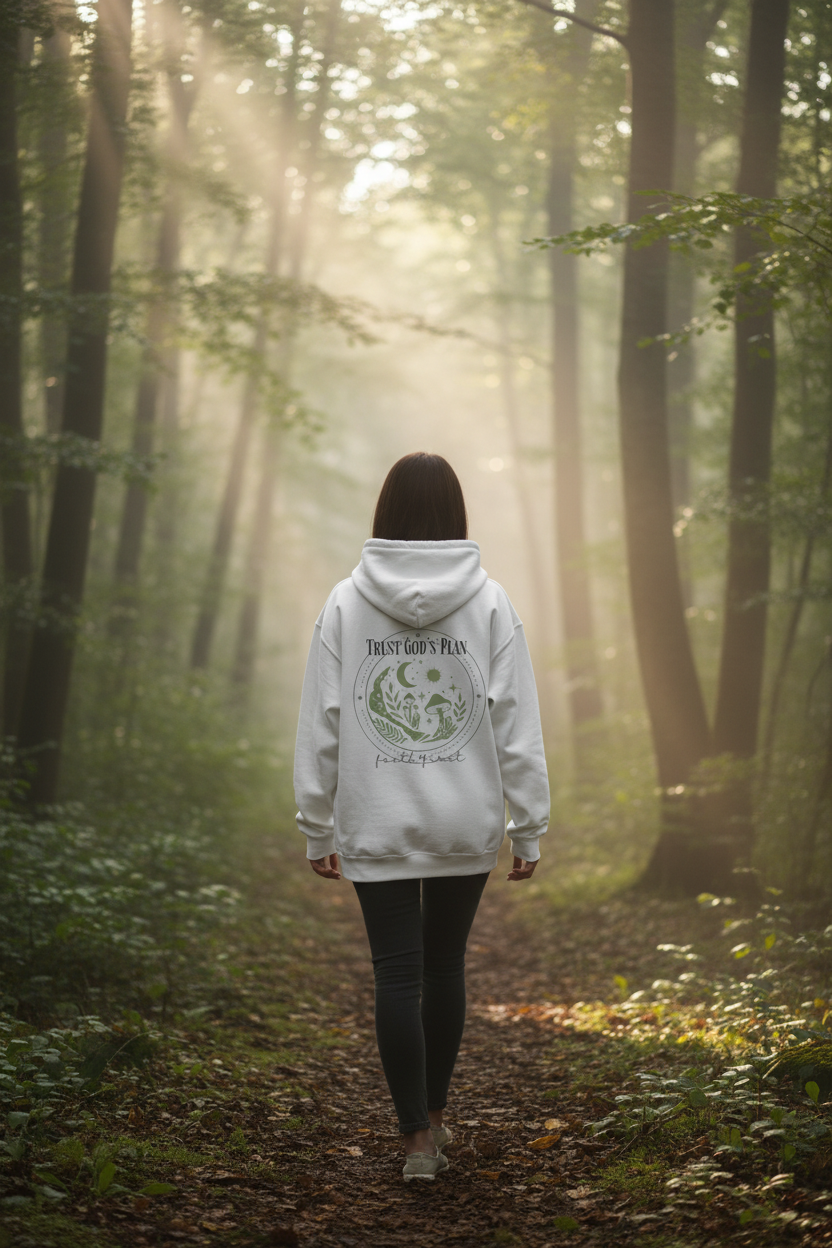 White hoodie with 'Trust God's Plan' wolf emblem and 'faith first' on back