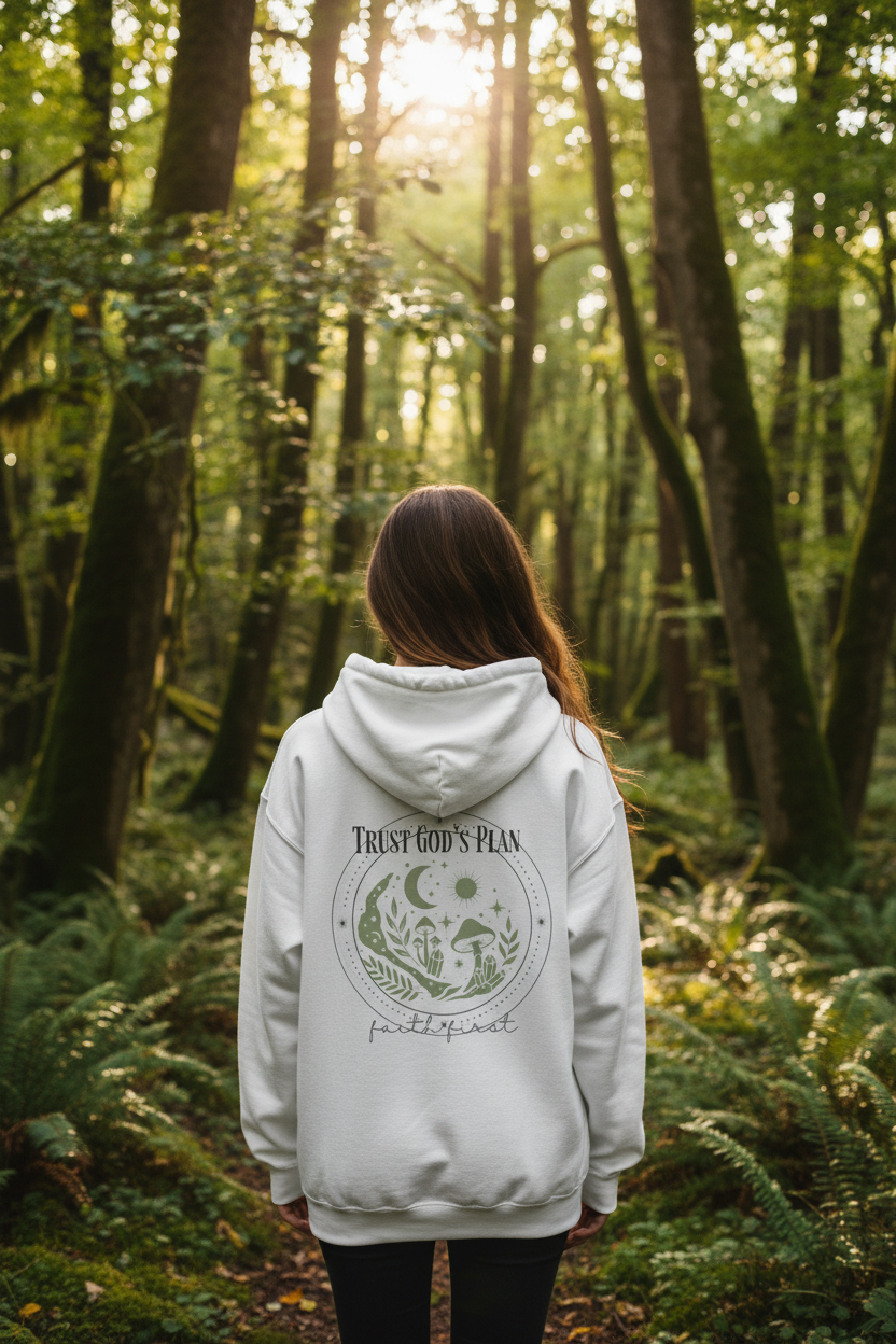 White pullover hoodie on model, back emblem print with moon and “Trust God’s Plan”