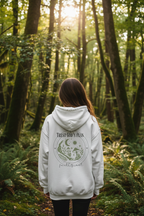 White pullover hoodie on model, back emblem print with moon and “Trust God’s Plan”