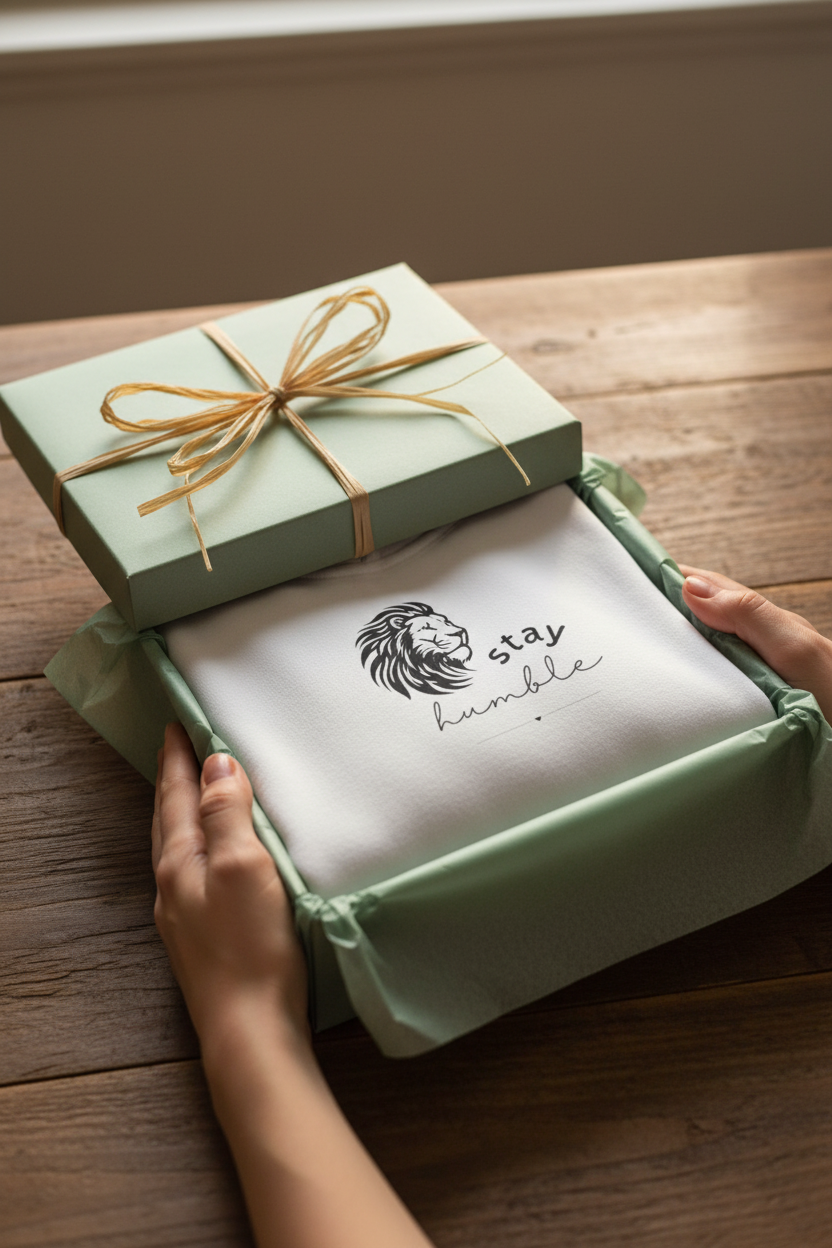 White hooded sweatshirt with lion Stay Humble graphic, in a green gift box with bow