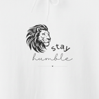 Close-up of white hoodie chest graphic: lion face with “stay humble” text under outline bar