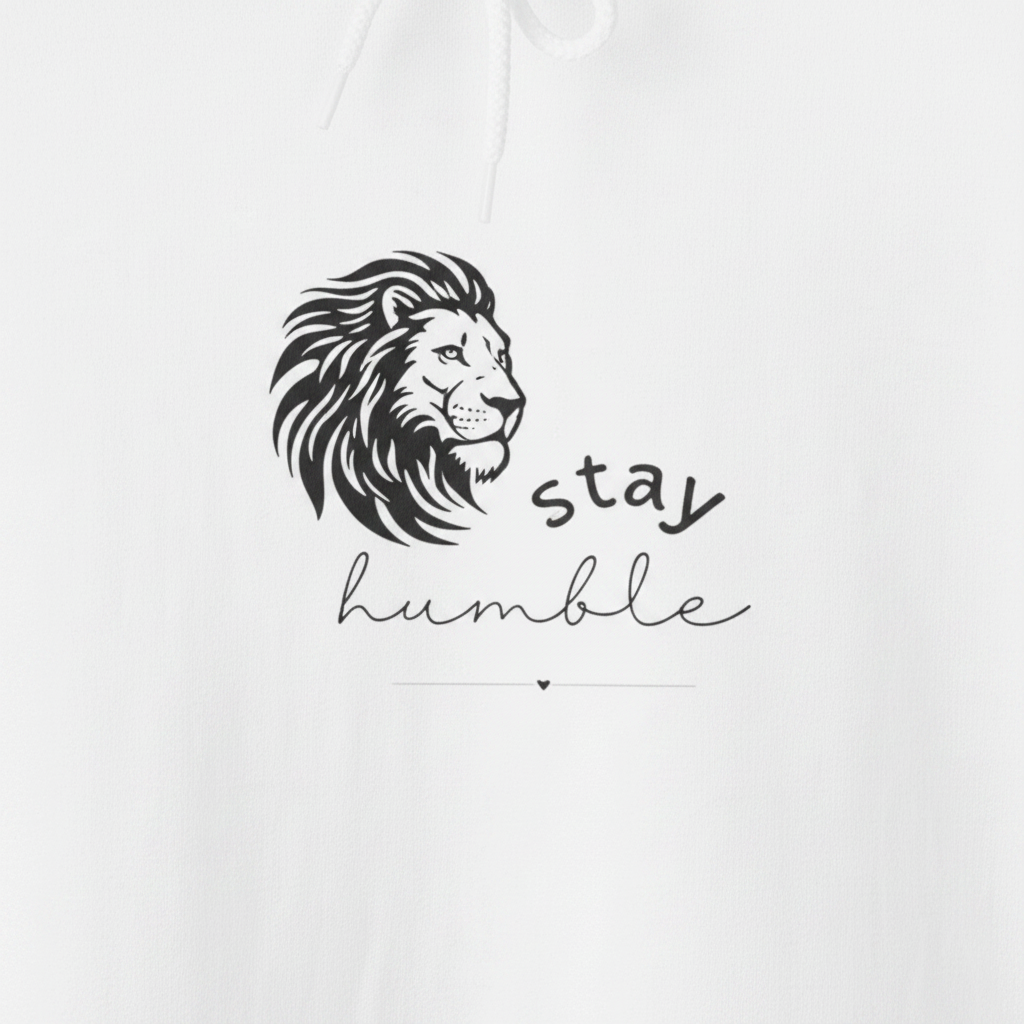 Close-up of white hoodie chest graphic: lion face with “stay humble” text under outline bar