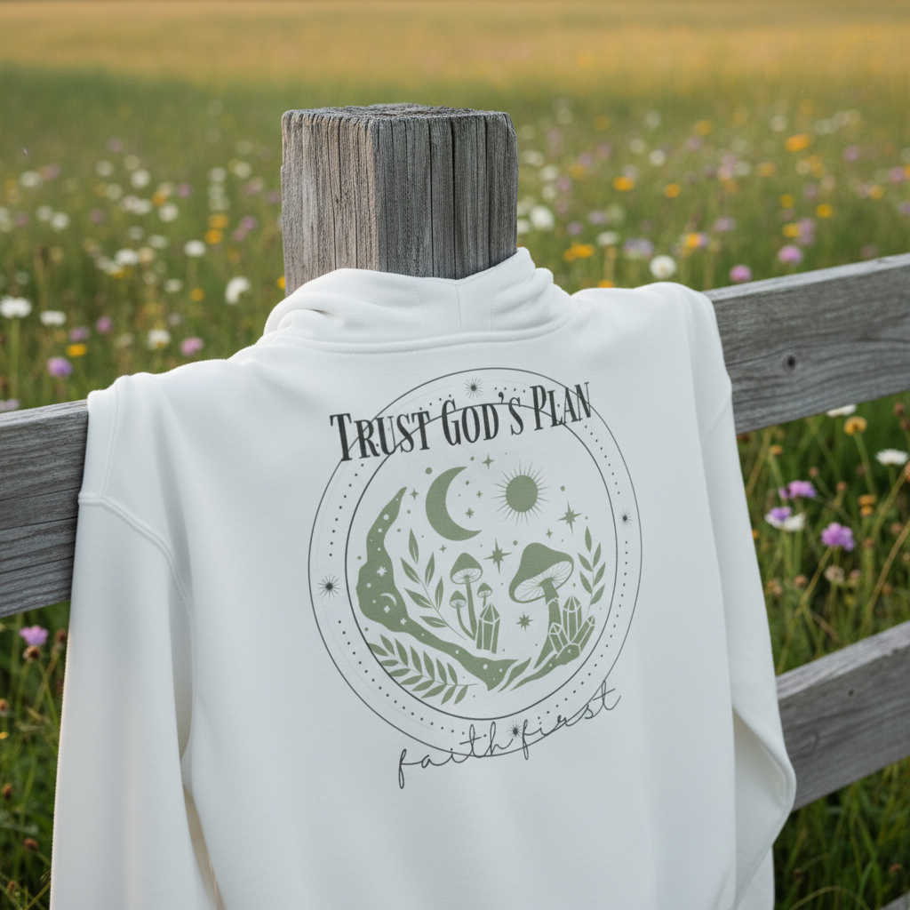White hoodie close-up, back “Trust God’s Plan” moon and greenery graphic