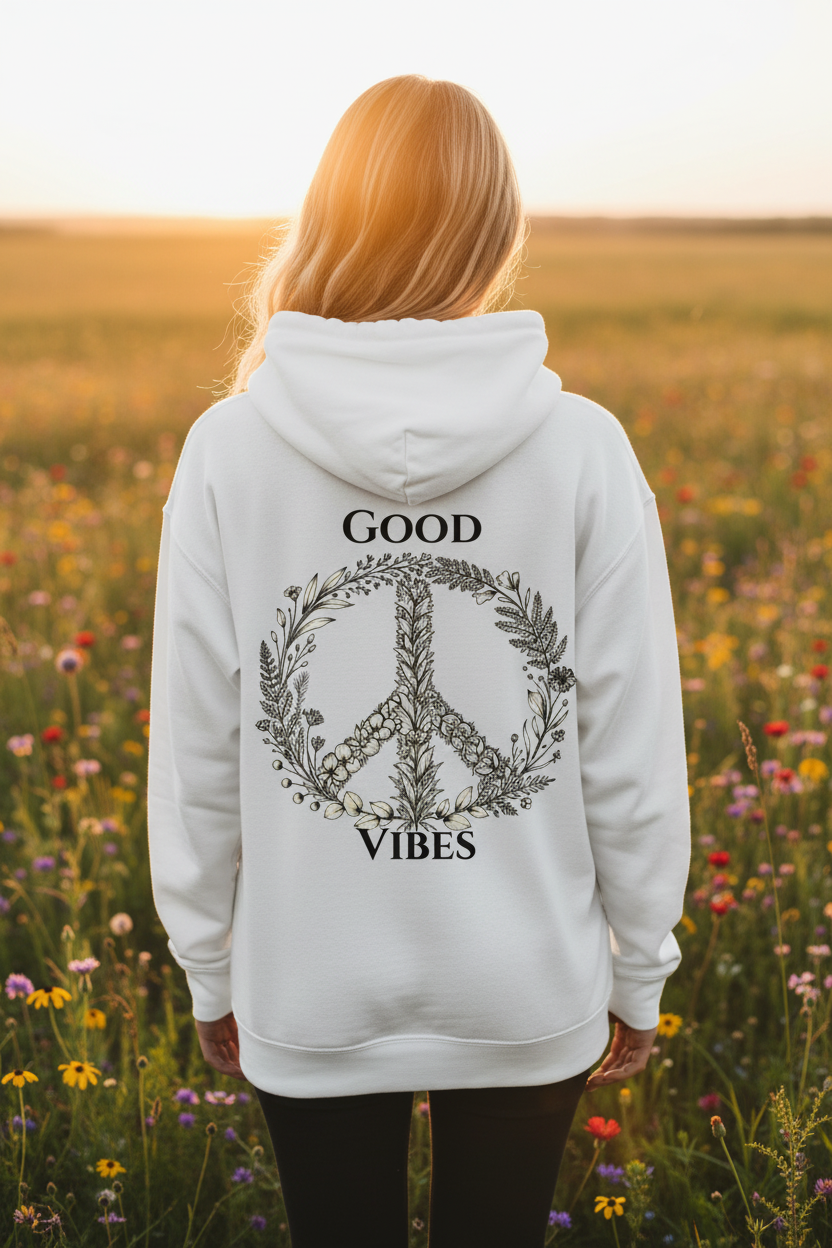 White unisex hoodie on model with back "GOOD VIBES" wreath logo and name line.