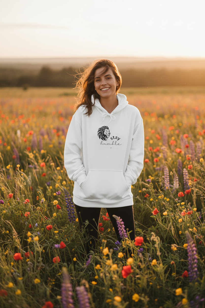 White lion graphic hoodie with drawstring hood and front kangaroo pocket, “stay humble” print