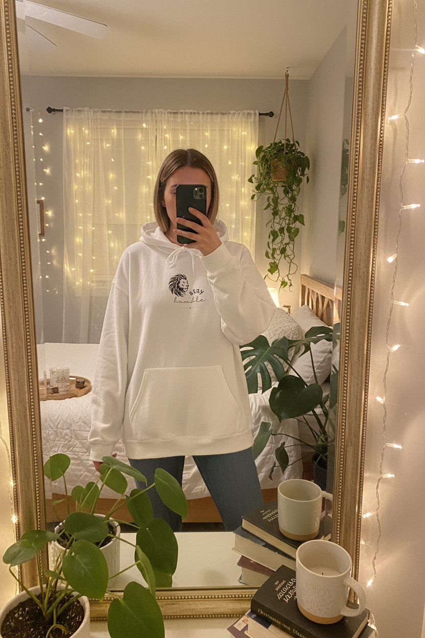 White graphic hoodie with lion Stay Humble chest print, hood and kangaroo pocket