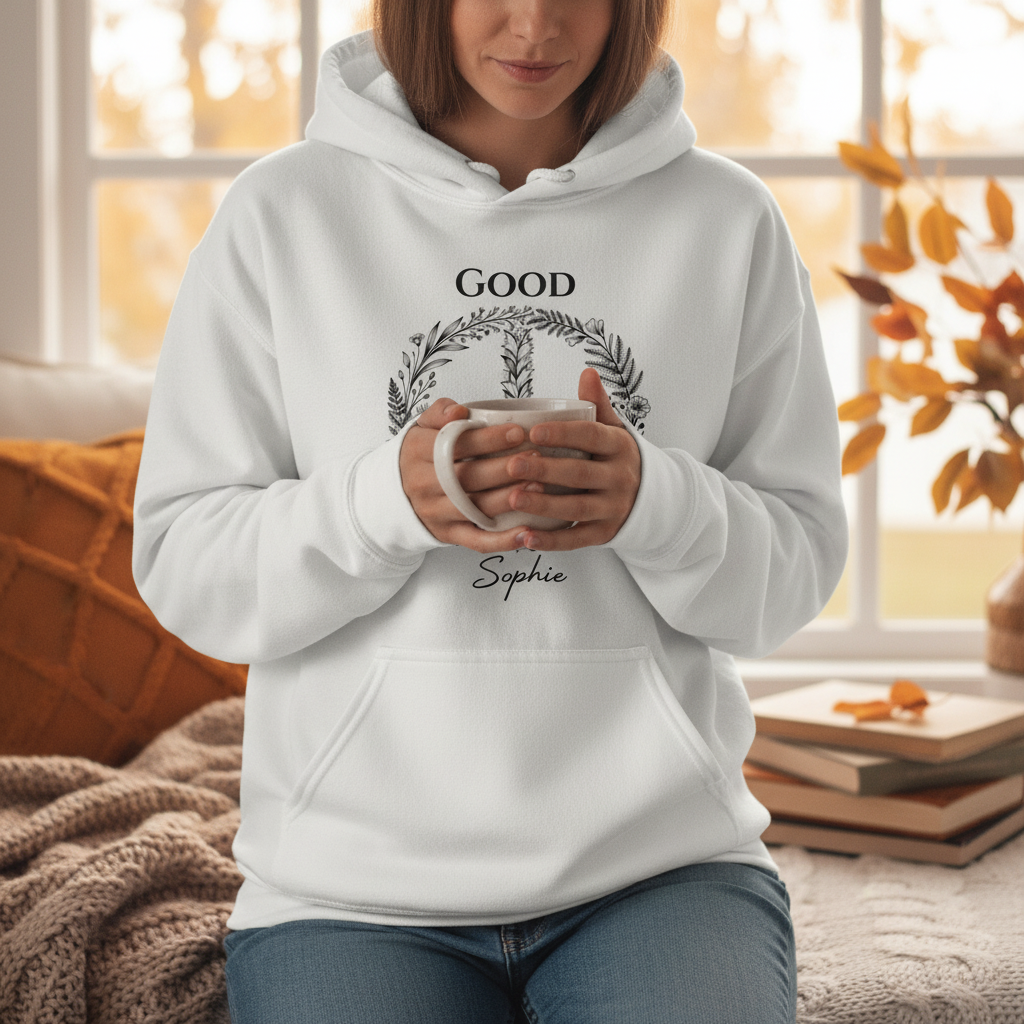 White unisex hoodie with 'Good Vibes' wreath graphic and front pocket