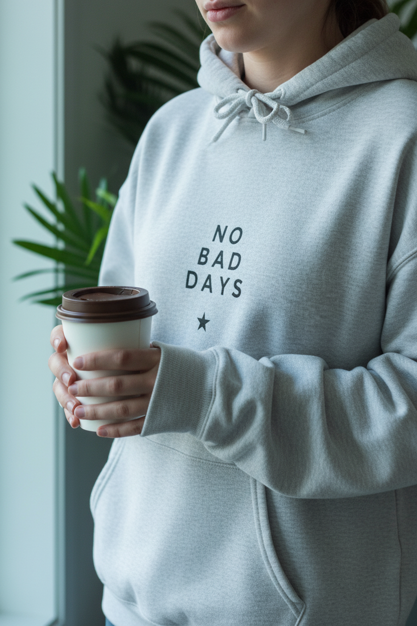 Light gray hooded sweatshirt with drawstring hood and 'NO BAD DAYS' chest text