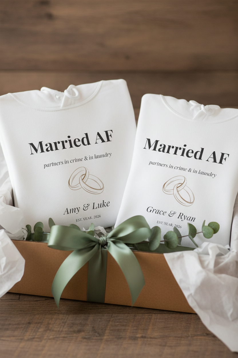 White hoodies with “Married AF” print, ring graphic, custom names; tied with green ribbon