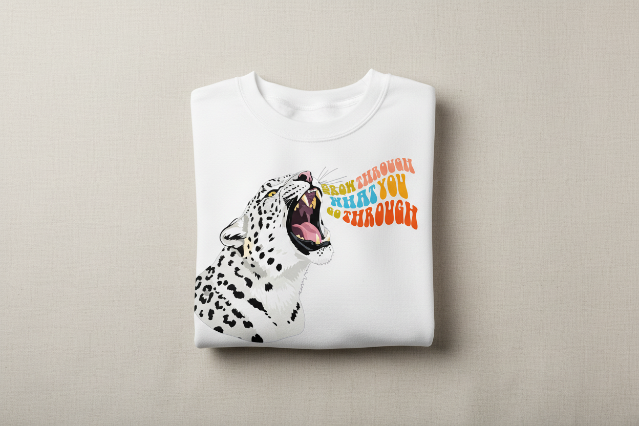 White sweatshirt with leopard graphic featuring an animal face.