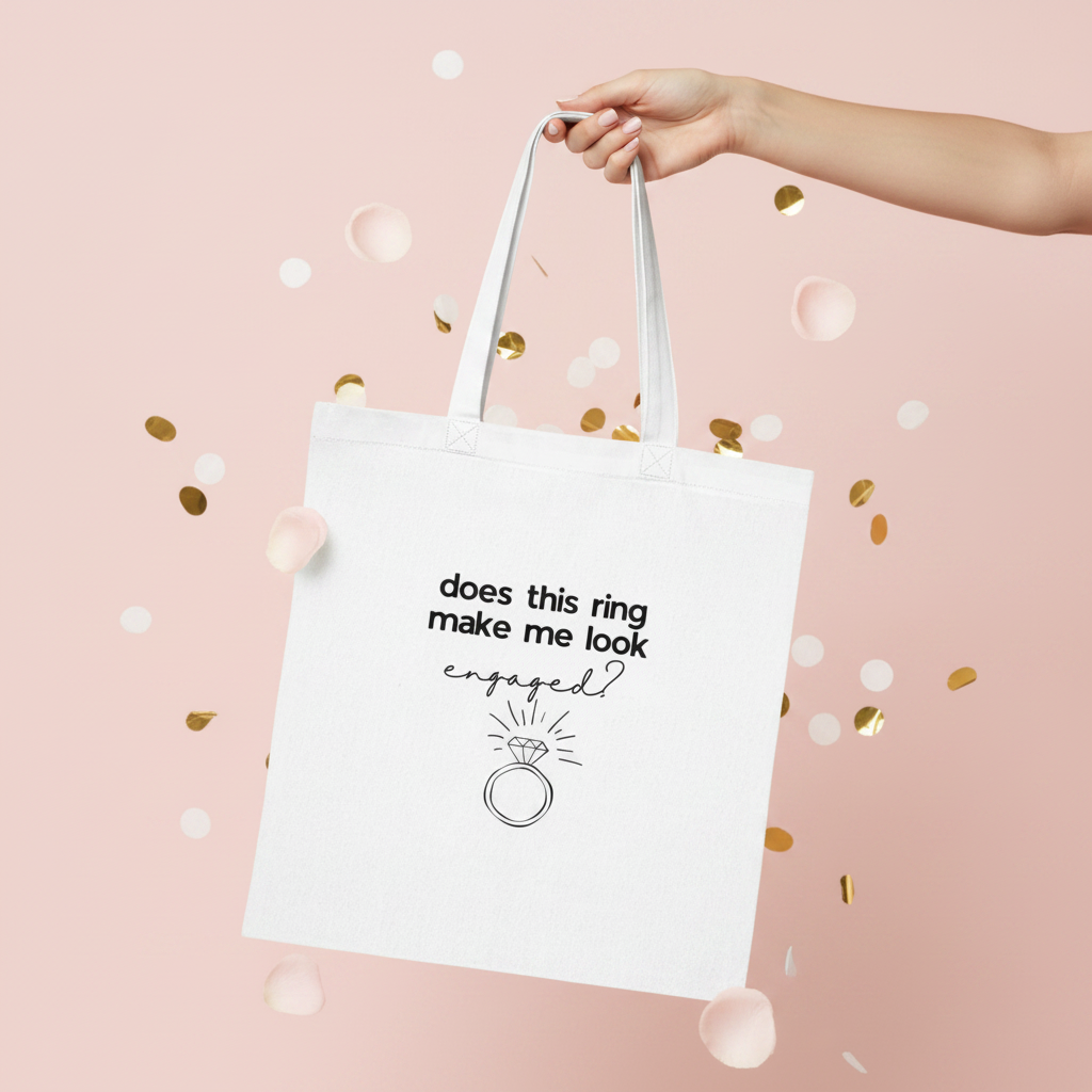 White cotton tote bag with ring icon and 'does this ring make me look engaged?'.