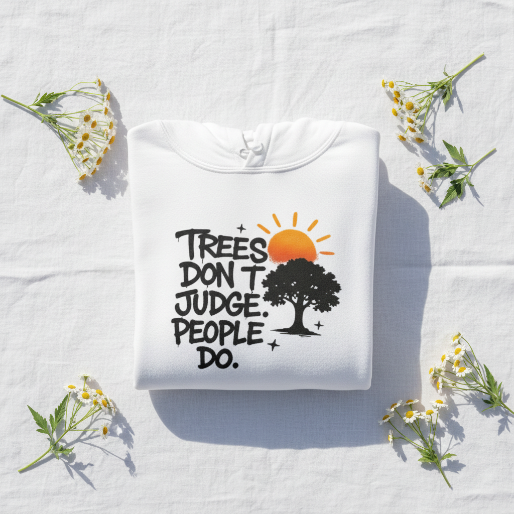 White graphic hoodie with tree and text print at the chest