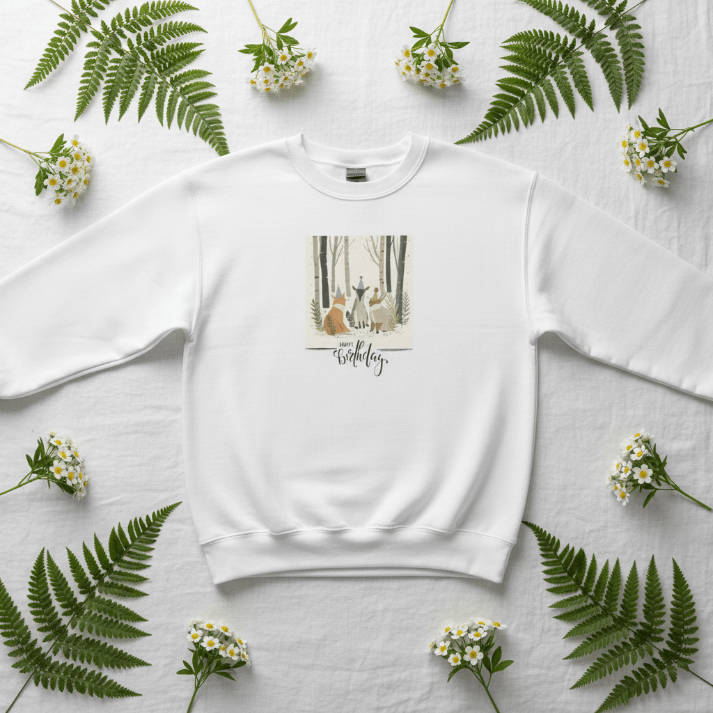 White sweatshirt with crew neck and woodland animals Happy Birthday graphic on chest