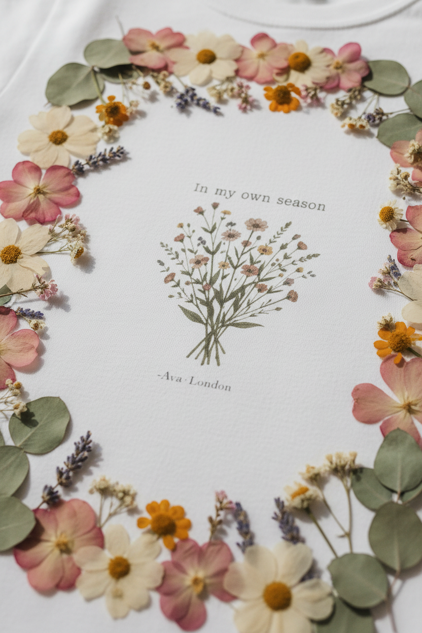 Personalised white t-shirt with floral wreath and "In my own season" text, Ava London name