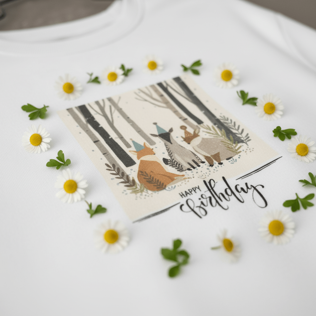 White sweatshirt detail: woodland animal illustration with Happy Birthday script print