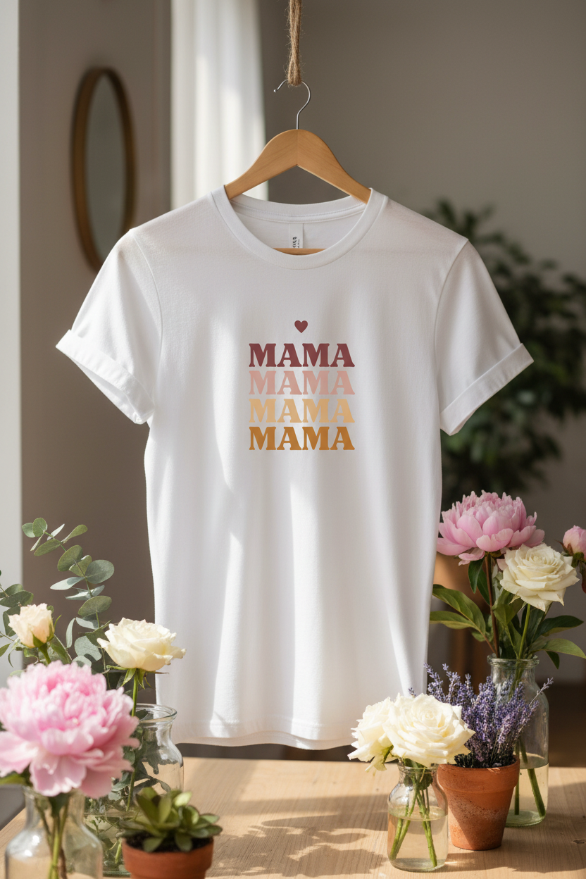 White t-shirt with stacked MAMA text graphic and heart