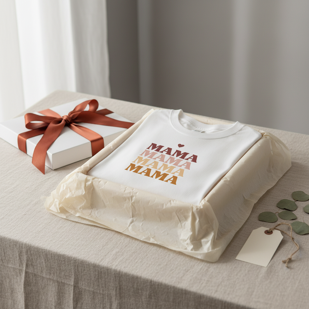 Folded cream T-shirt with stacked ombre 'MAMA' text on the chest