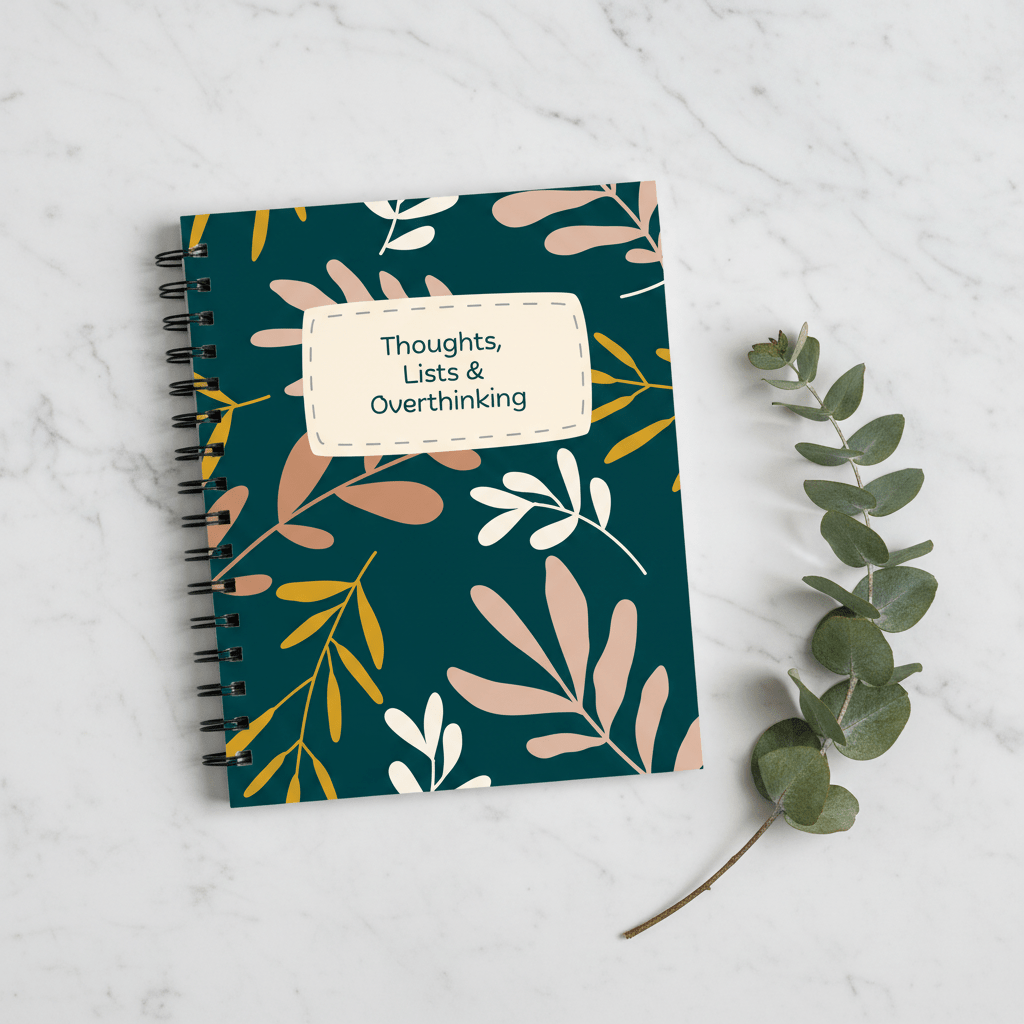 A5 spiral notebook with teal botanical cover and centered beige label reading “Thoughts, Lists & Overthinking”.