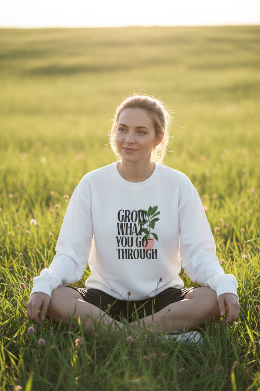White crewneck sweatshirt with “Grow What You Go Through” logo graphic