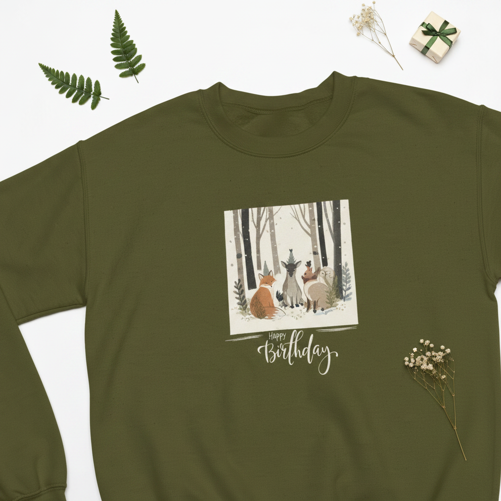 Olive green sweatshirt with crew neck and woodland animals Happy Birthday graphic