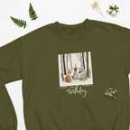 Olive green sweatshirt with crew neck and woodland animals Happy Birthday graphic