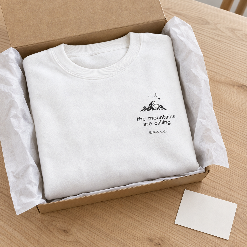 White Mountains Are Calling sweatshirt gift mockup with Rosie