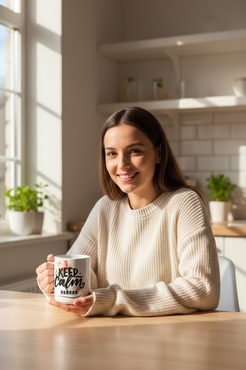 Small keep calm mug with floral print held in a light knit sweater
