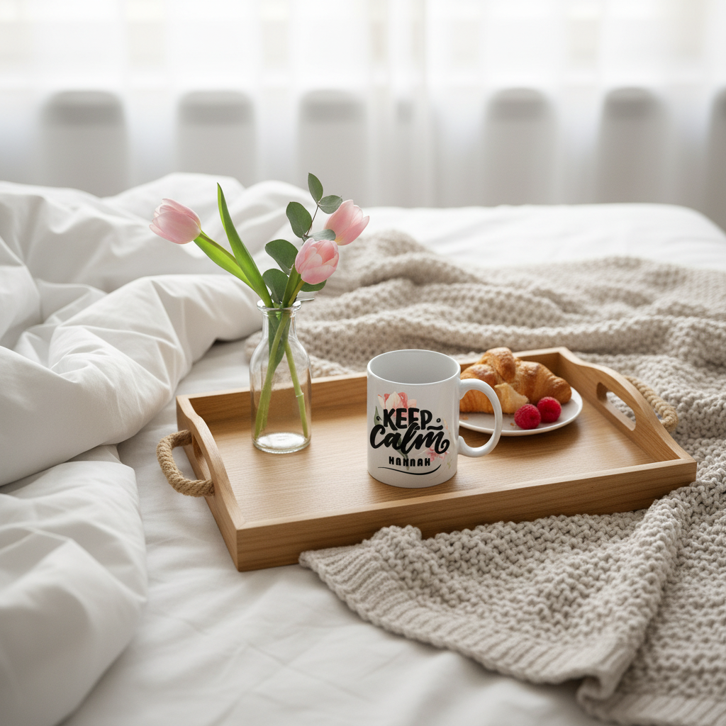 White ceramic mug on a wooden tray with “Keep Calm MUM” print