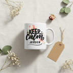 White mug with floral 'Keep calm' design and name Jessica.