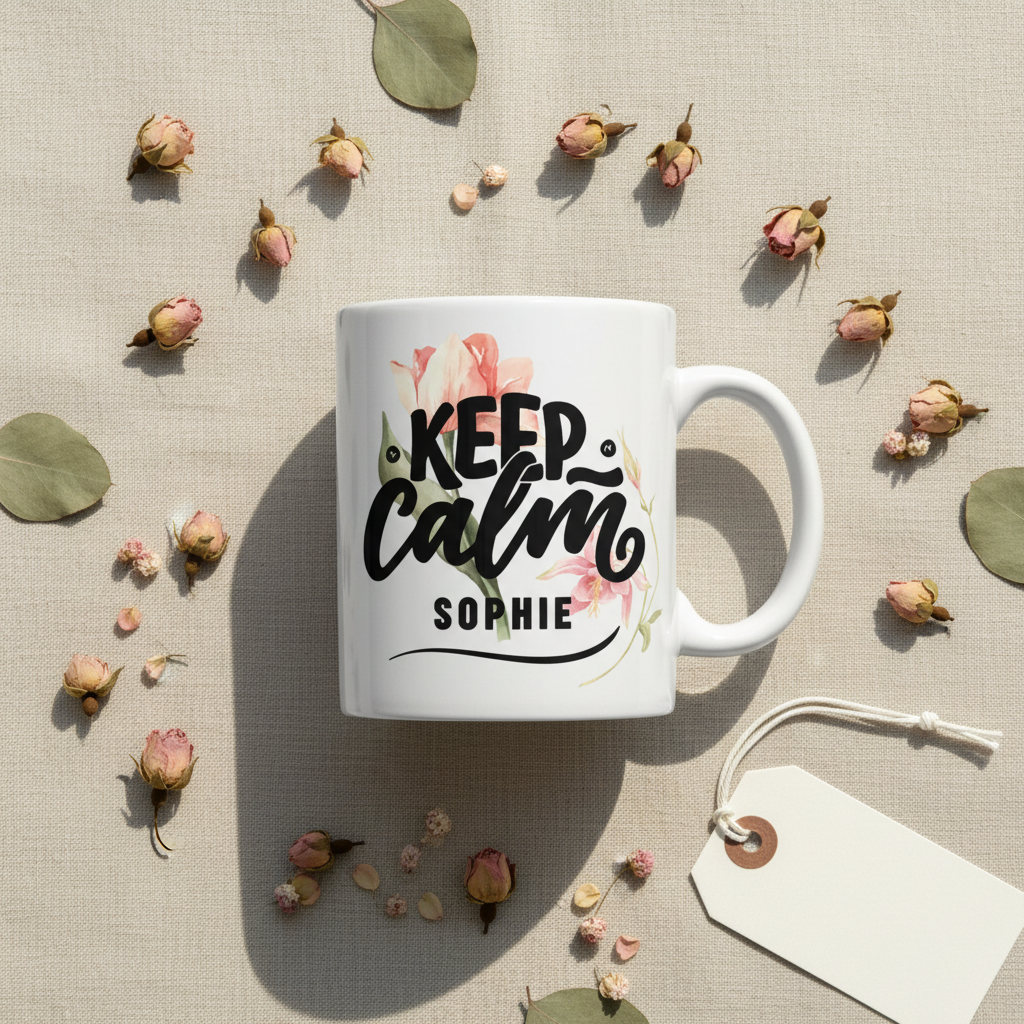 White coffee mug with “Keep Calm” floral print and name “Sophie”