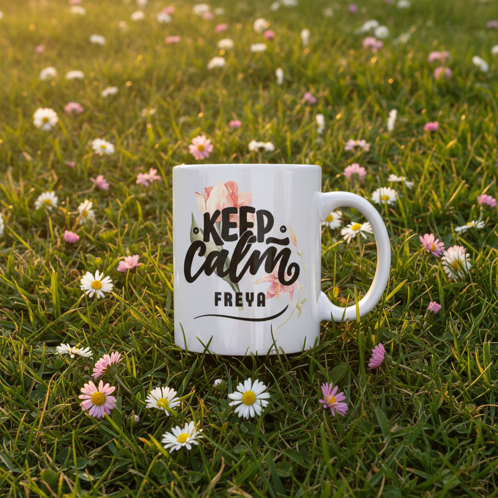 White mug with floral 'Keep calm' design and name Freya.
