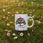 White mug with floral 'Keep calm' design and name Freya.