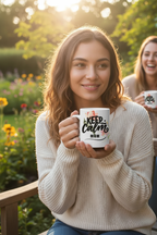 White ceramic mug with “Keep Calm MUM” floral print in front of a garden