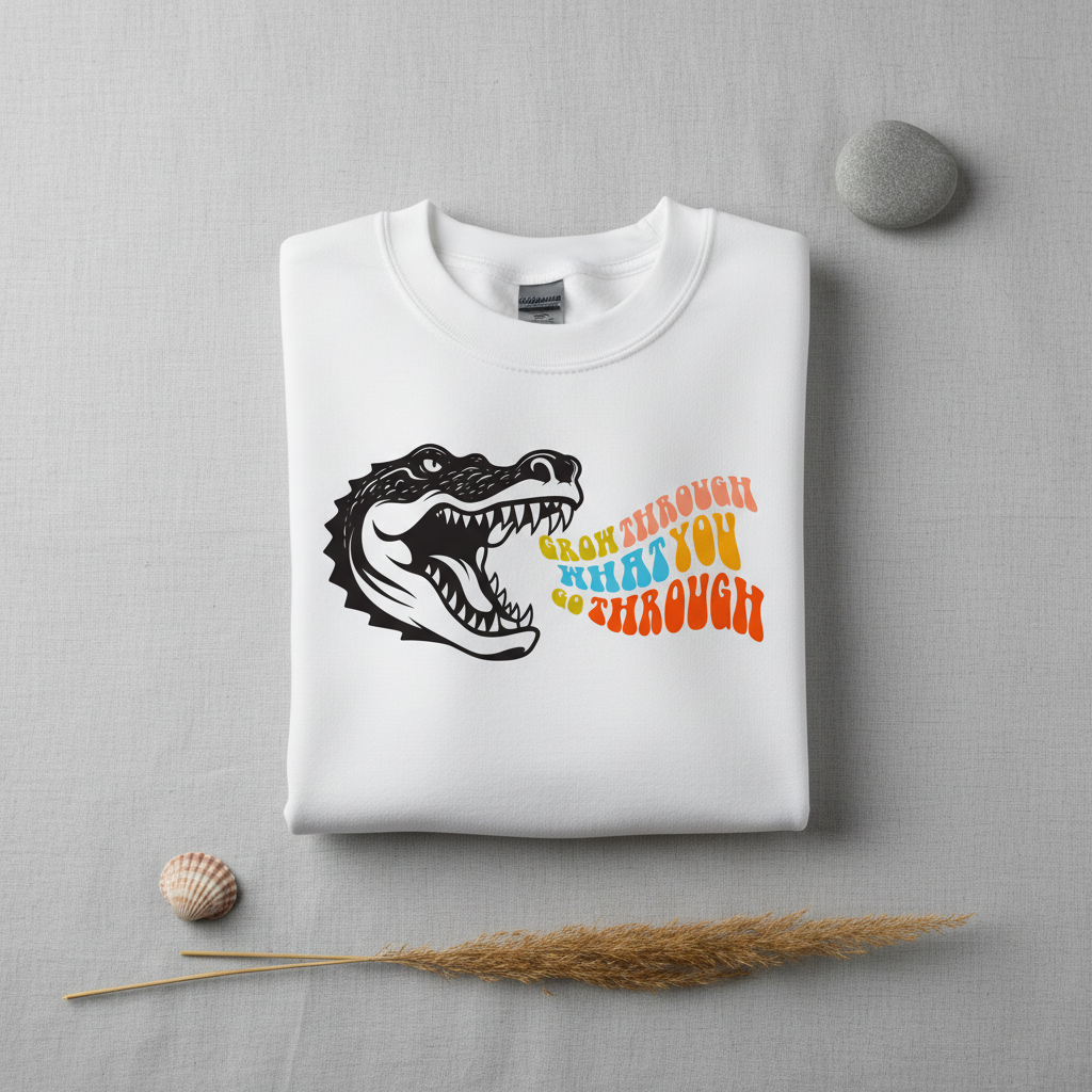 White sweatshirt with crocodile graphic and orange multicolor “grow through” text
