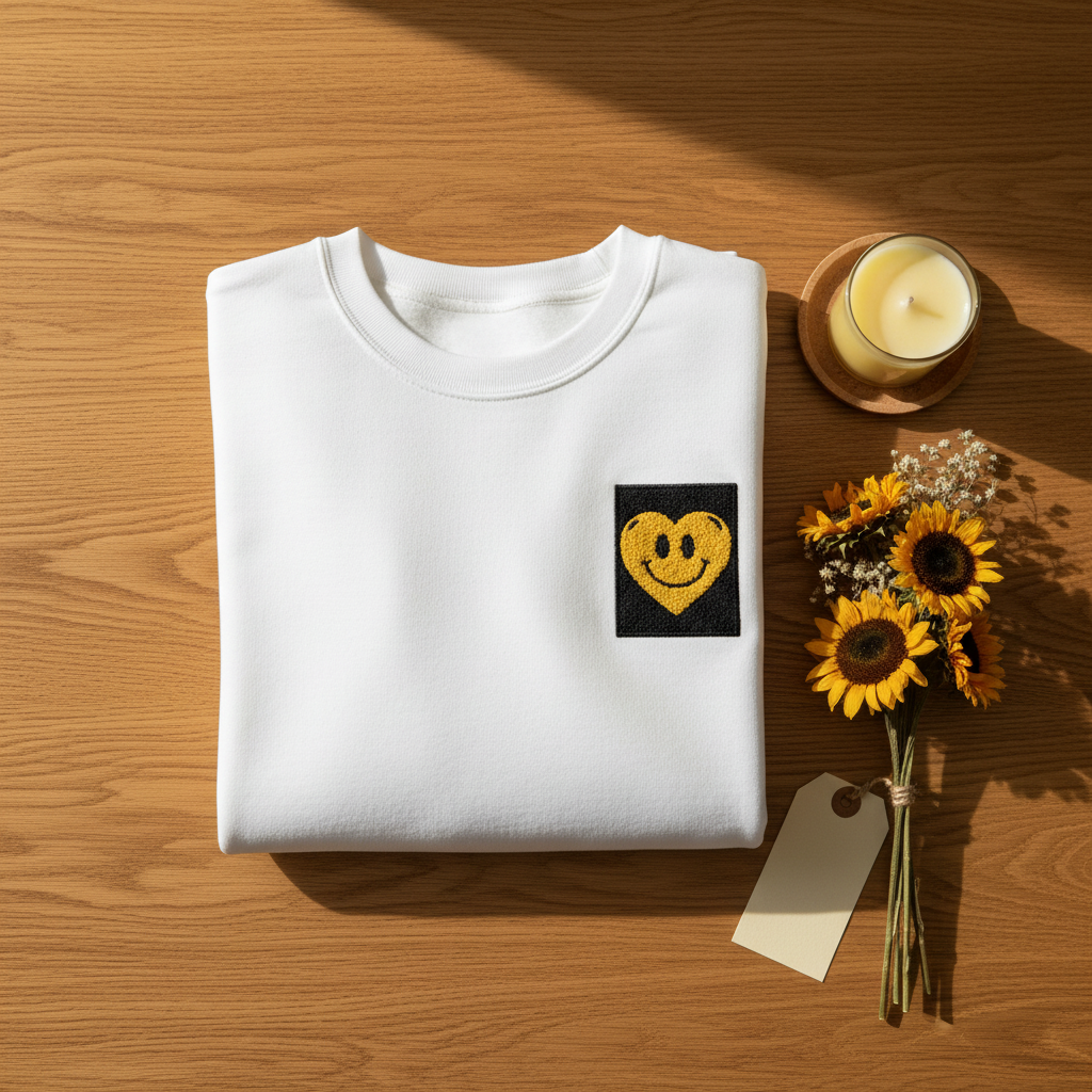White sweatshirt with embroidered yellow smiley heart patch on the chest.