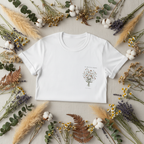 White crew-neck t-shirt with centered botanical bouquet graphic