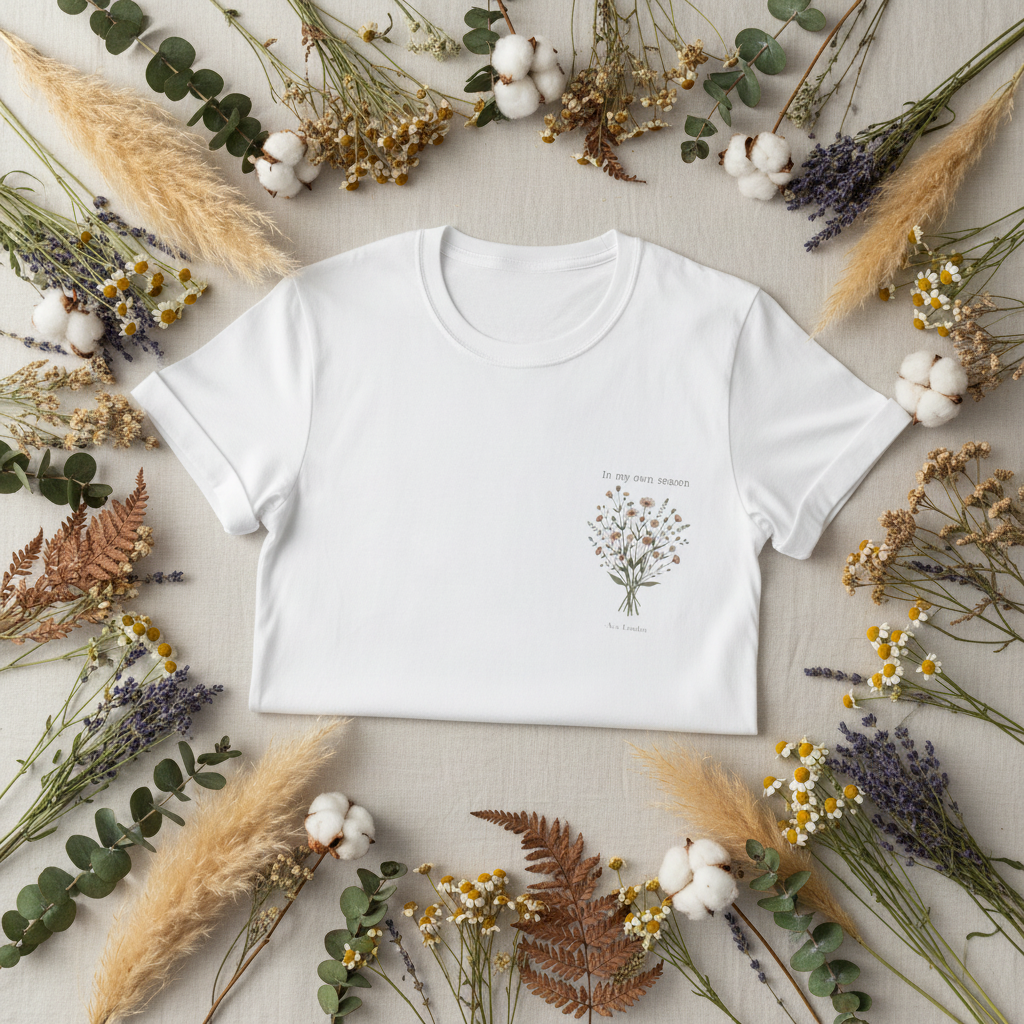White crew-neck t-shirt with centered botanical bouquet graphic