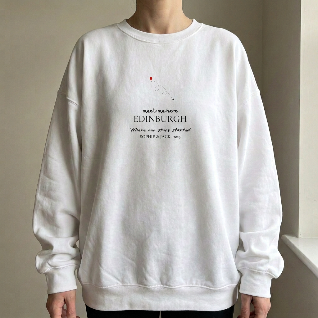 White personalised place name sweatshirt on model with EDINBURGH 'meet me here' print