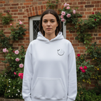 White unisex yoga hoodie with hood, drawstrings, kangaroo pocket, chest yoga emblem