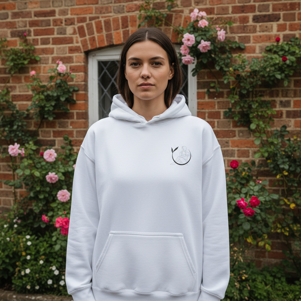 White unisex yoga hoodie with hood, drawstrings, kangaroo pocket, chest yoga emblem