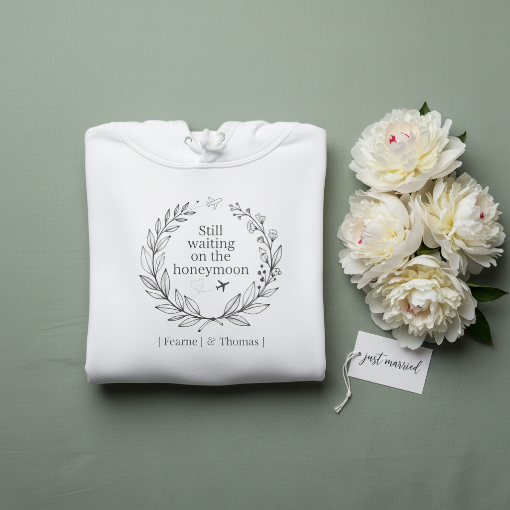 White personalized couples hoodie with wreath logo and couple names printed on chest